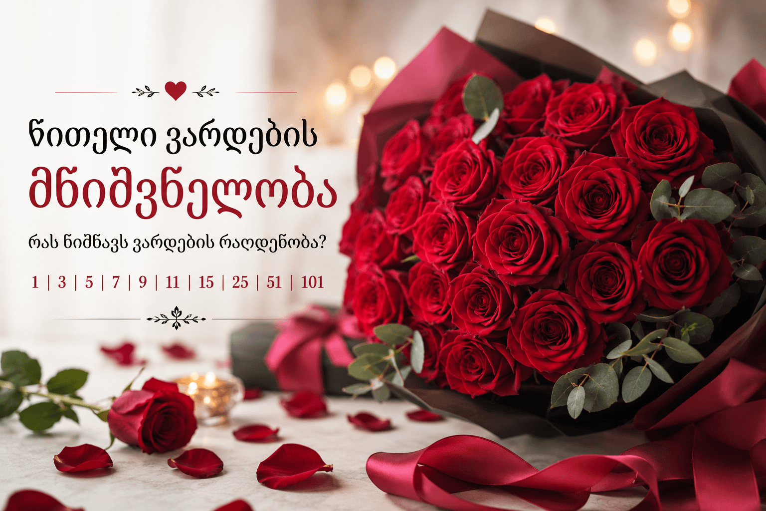 წითელი ვარდების თაიგული – წითელი ვარდების მნიშვნელობა და სხვადასხვა რაოდენობის სიმბოლიკა